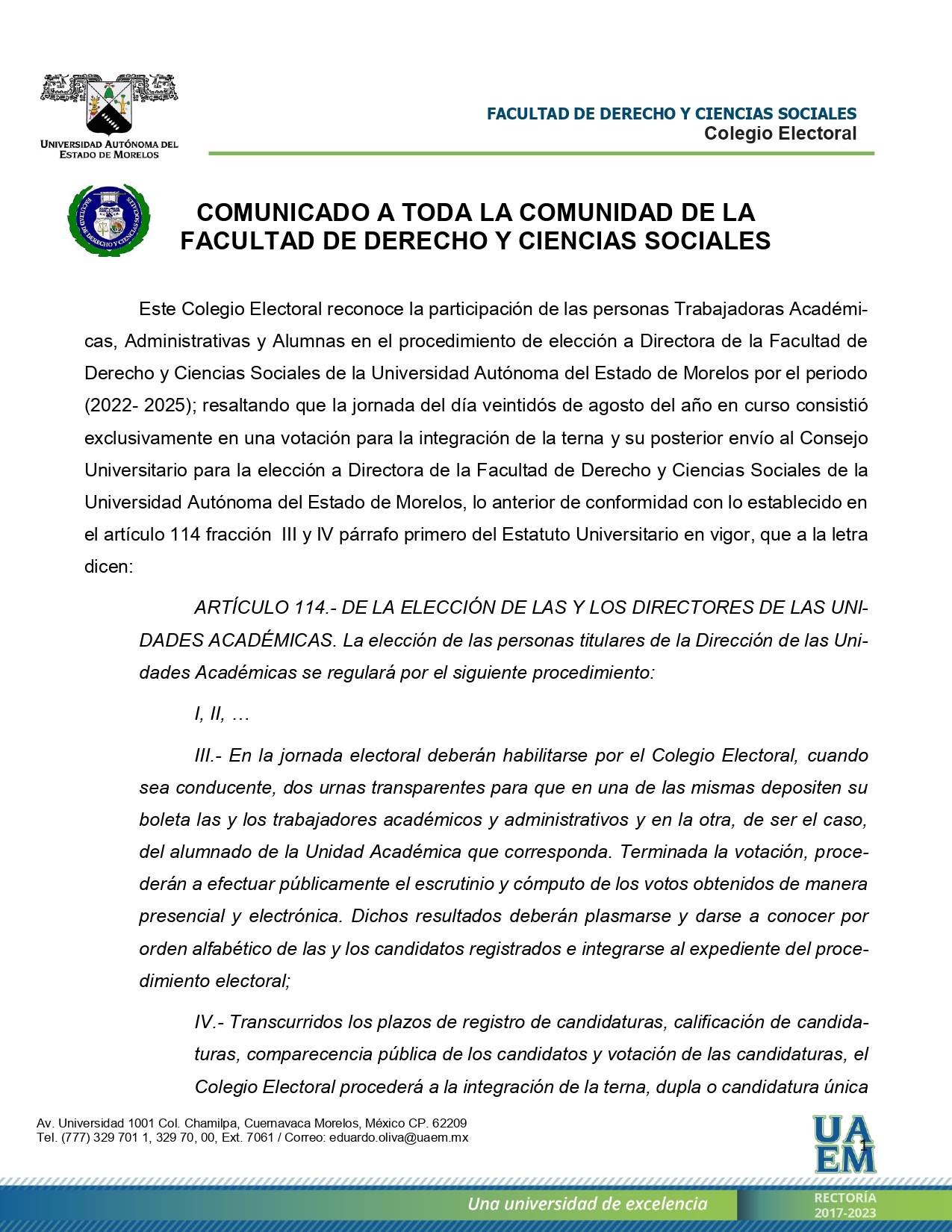 COMUNICADO A TODA LA COMUNIDAD DE LAFACULTAD DE DERECHO Y CIENCIAS ...